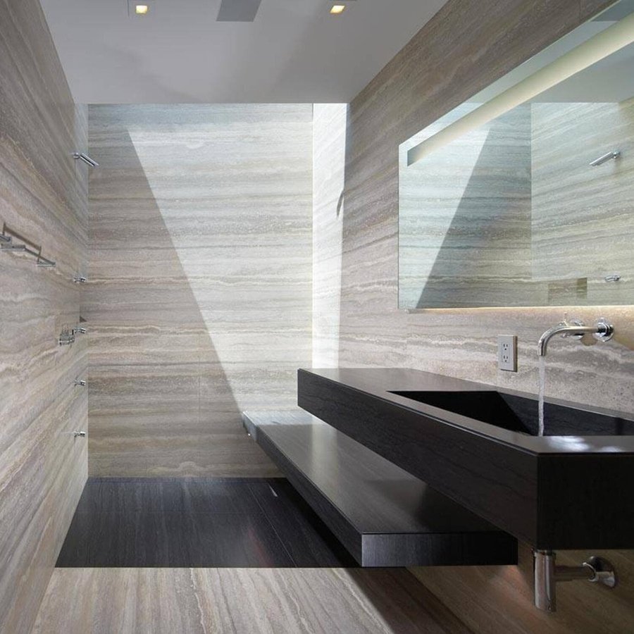 Travertine Tile Bathroom with Black Countertops Ideas