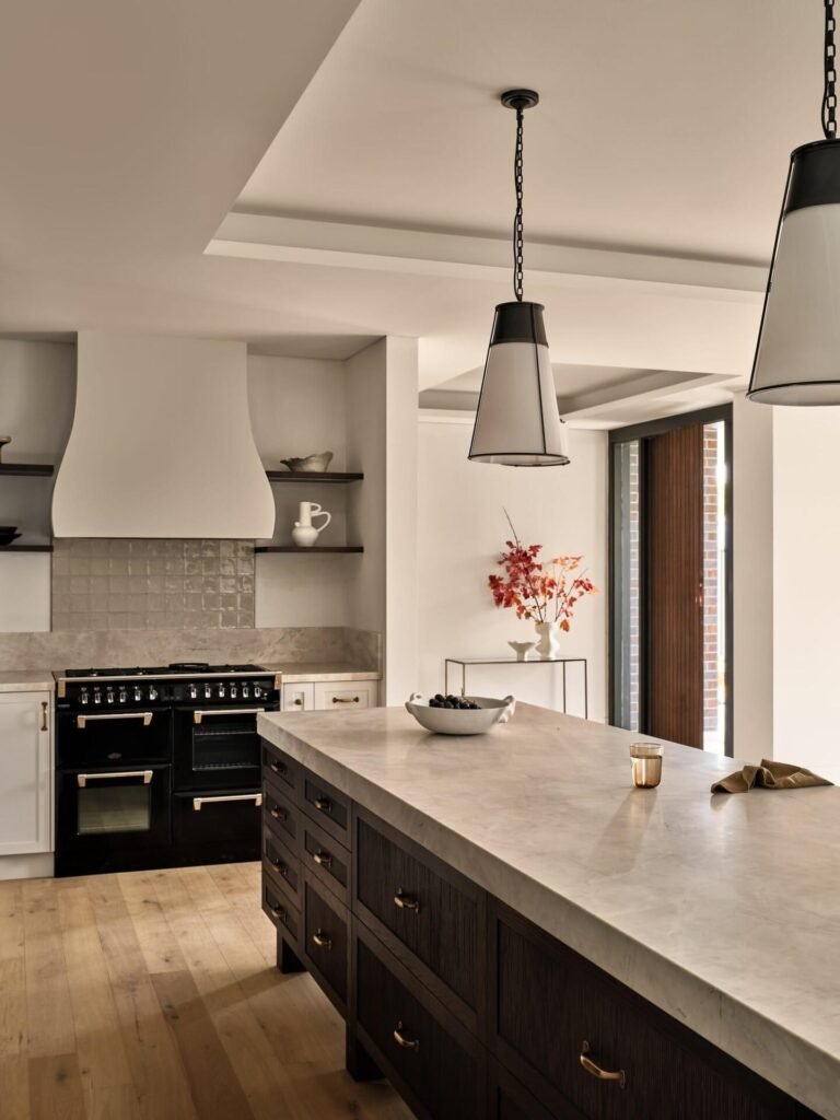 Polished Taj Mahal quartzite kitchen island — 30mm — EDG Stone finish