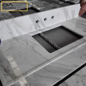 dark countertops with colored cabinets