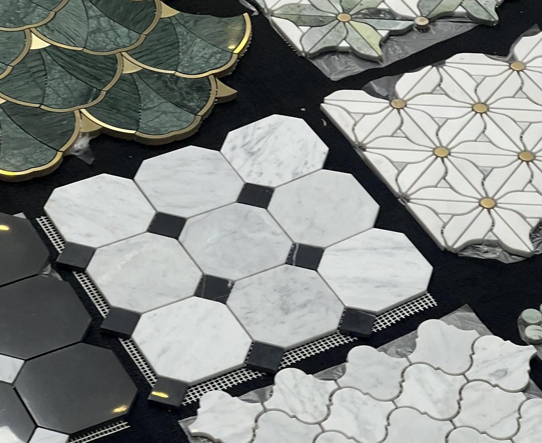 stone mosaic tile waterjet flower white