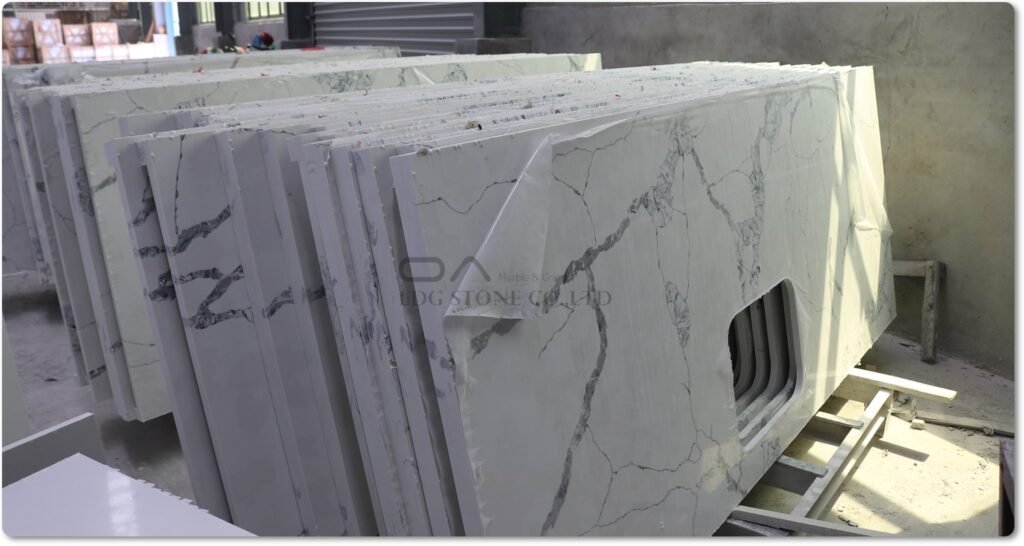 calacatta quartz waterfall island countertop