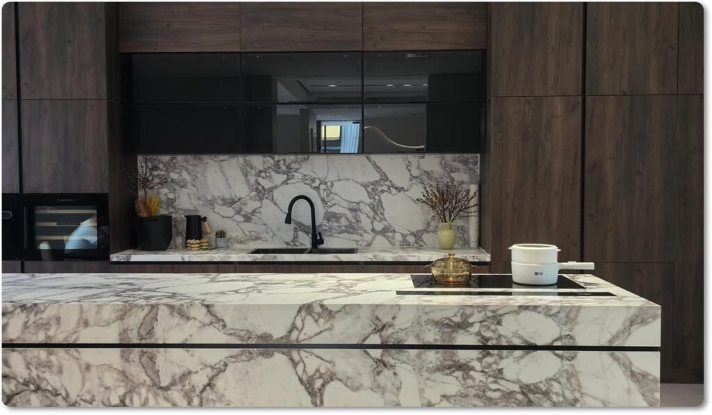 High-traffic reception desk marble cladding